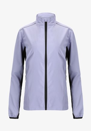 Light purple jacket with a high collar, black side panels, and a front zipper. Smooth, lightweight material with subtle detailing.