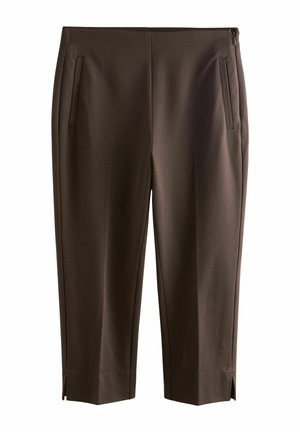 Braune, kurze, maßgeschneiderte Hose mit Seitentaschen, Reißverschluss am Bund und kleinen Schlitzen vorne am Saum.