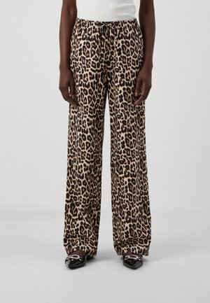 Pantalons large à imprimé léopard en tissu léger ; dotés d'une taille à cordon de serrage et d'une coupe décontractée ; couleurs disponibles : beige, noir et marron.