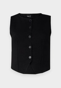 Μαύρο αμάνικο γιλέκο από μαλακό ύφασμα με κυκλικό λαιμό και πέντε μπροστινά κουμπιά. Ο σχεδιασμός έχει ευθεία γραμμή και δεν διαθέτει διακοσμητικά στοιχεία.