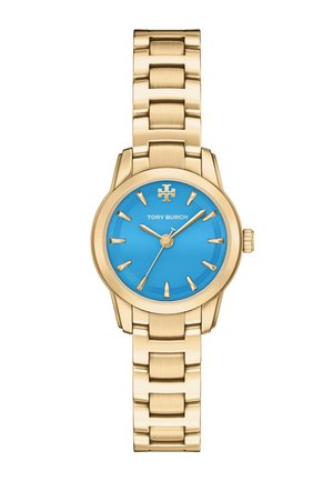 Guldtonet metallarmbåndsur med urskive i klart blå, gyldne timeindikatorer og Tory Burch-logo og navn centreret under klokken 12.