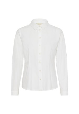 White long-sleeve shirt with a button-down collar, featuring a straight cut, smooth texture, and front button closure with subtle pearlescent buttons.
