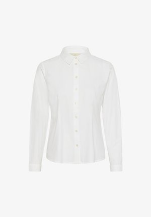 Biała koszula z długim rękawem i kołnierzykiem zapinanym na guziki, o prostym kroju, gładkiej fakturze i zapinaniu na guziki z przodu z delikatnymi perłowymi guzikami.