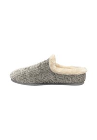 Grijze textuurslipper met een pluizige beige voering en een zachte stoffen bovenkant. Heeft een ronde neus en platte zool voor comfort en warmte.