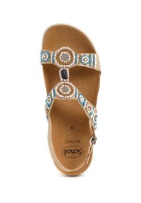 Beige sandaal met kralenaccenten en cirkelvormige designs. Heeft een gevoerde voetbed en een verstelbare riem. Textuur, zacht materiaal. Maat 38.