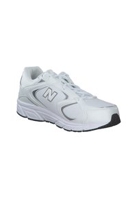 White athletic shoe with breathable mesh upper, synthetic accents, padded collar, and rubber sole. Features a silver logo on the side.