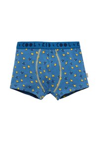 Boxer shorts de algodón azul con un patrón de rayos, que cuentan con una cinturilla elástica azul con el texto "COOL KID" y costuras amarillas.