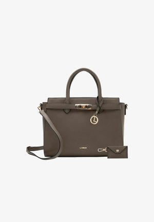 Borsa a mano in pelle grigio scuro con design strutturato, manici superiori, tracolla staccabile, accessori in oro e piccola busta coordinata.
