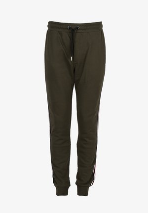 Olivengroene joggers van zachte stof, met een elastische tailleband en een trekkoord, zijstrepen in het wit en rood, slim-fit ontwerp.