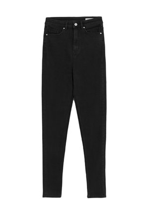 Zwarte skinny jeans van denim, voorzien van voorzakken, een ritssluitingen en subtiele stiksels. Glad textuur met een matte afwerking.