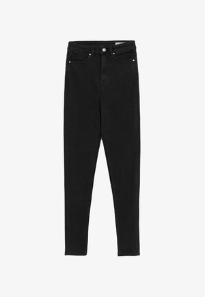 Schwarze Skinny-Jeans aus Denim, mit Vorderaschen, einem Reißverschluss und subtilen Nähten. Glatte Textur mit mattem Finish.