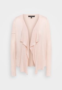 Světle růžový kardigan vyrobený z měkké, lehké látky. Má otevřený přední díl s volnými vrstvami a dlouhými rukávy. Hladká textura.