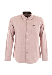 Lange mouwen knoopshirt in lichtroze met een fijn ruitpatroon. Voorzien van een borstzak en een kraag met een ruitvoering.