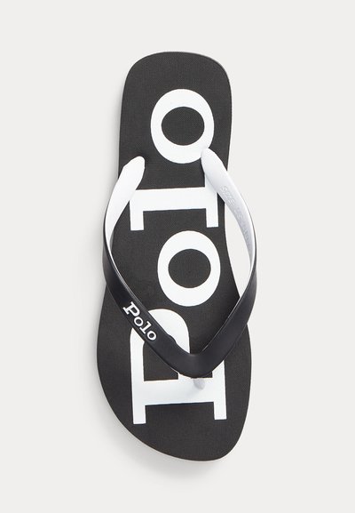 Svart-hvitt Polo flip-flop med hvit tekst på sålen og svart stropp med "Polo"-logo i hvite bokstaver.