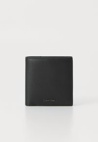 Black leather wallet with textured finish, bi-fold design, embossed brand logo on the front, and stitching accents. Compact and rectangular shape.