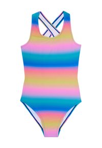 Maillot de bain une pièce coloré avec des rayures horizontales en rose, bleu et vert. Il possède un design croisé dans le dos et est fabriqué en tissu lisse.