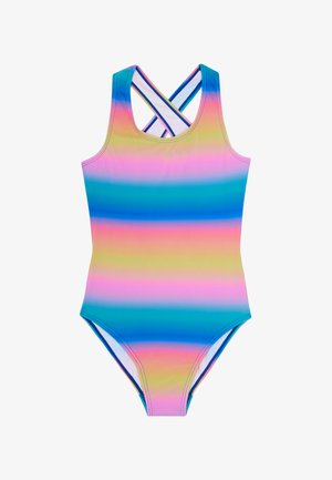 Bunter Einteiler-Badeanzug mit horizontale Streifen in Pink, Blau und Grün. Er hat ein Rückenkreuz-Design und ist aus glattem Material gefertigt.