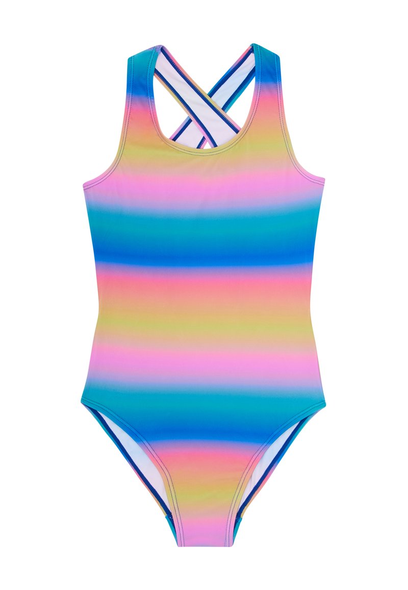 Maillot de bain une pièce coloré avec des rayures horizontales en rose, bleu et vert. Il possède un design croisé dans le dos et est fabriqué en tissu lisse.