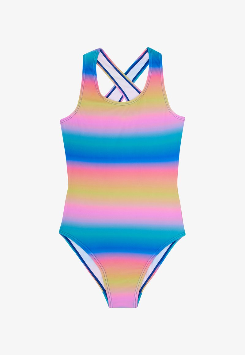 Šareno jednodijelno kupaćeg odijelo s horizontalnim prugama u ružičastoj, plavoj i zelenoj boji. Ima dizajn s križnim leđima i izrađeno je od glatke tkanine.