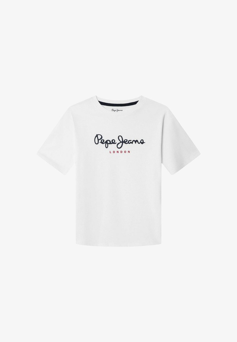 Wit katoenen T-shirt met de tekst "Pepe Jeans" in zwarte cursieve letters en "LONDON" in rood, met een ronde hals en korte mouwen.