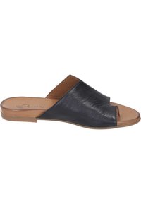 Black leather slide sandal with an open toe and contoured footbed, featuring a smooth texture and brown interior lining.