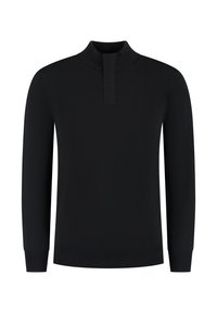 Schwarzer Langarmpullover mit einem gerippten Stehkragen und einem vertikalen Stoffdetail unter dem Kragen, gerippten Bündchen und Saum.