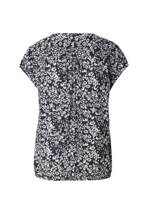 Tamsiai mėlynas trumpomis rankovėmis palaidinė su mažais baltais gėlių raštais ir surinktais klostėmis viršutinėje nugaros dalyje.