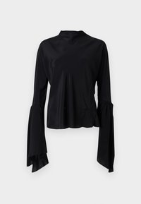 Black long-sleeve blouse made of smooth fabric, featuring a high neckline and flared sleeves with gathered detail at the cuffs.