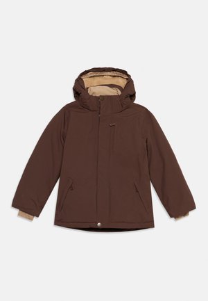 Brown winter jacket with hood and beige fleece lining, featuring front zipper, snap button, and three zippered pockets.