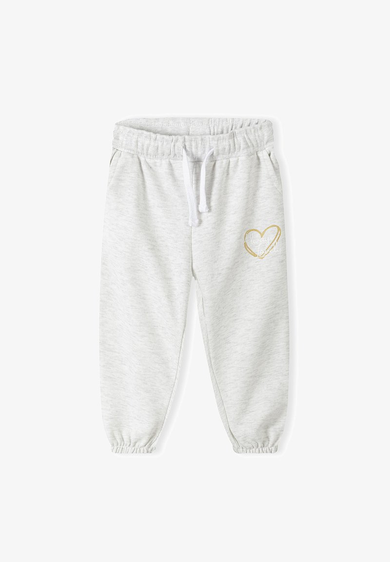 Grijze sweatpants van zacht materiaal, met een elastische tailleband en trekkoord, taps toelopende manchetten en een gouden hartontwerp op het linkerbeen.
