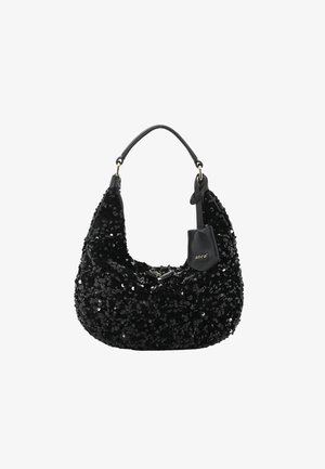 Black sequined handbag with a curved shape, featuring a short handle and a small tag, displayed against a white background.