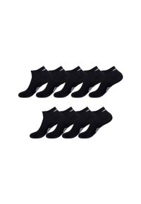 Lot de dix chaussettes noires à chevilles, fabriquées en matériau doux, avec un design simple et un accent de logo blanc sur le talon.