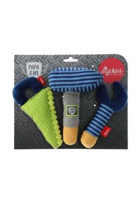 Set of four plush toys in various colors: green stripes, blue stripes, gray, and orange accents. Materials appear soft and textured.