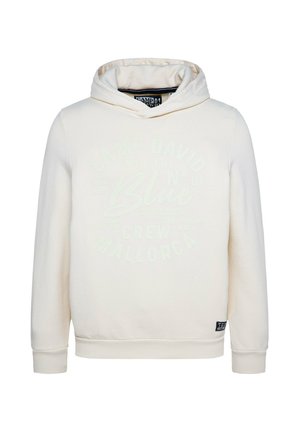 Cremefarbene Kapuzenjacke mit einem Frontmotiv in Hellgrün. Mit einer Kapuze mit Kordelzug, gerippten Bündchen und Saum. Hergestellt aus weichem, strukturiertem Stoff.