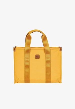 Sac cabas rectangulaire jaune avec de larges anses et une petite étiquette de logo marron au centre devant.