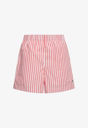 Shorts rayés verticaux rose et blanc avec une taille élastique et un petit logo sur l'ourlet inférieur gauche.