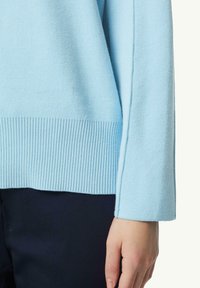 Hellblauer Strickpullover mit geripptem Saum und Bündchen, der eine weiche Textur und einen leicht lockeren Schnitt aufweist, präsentiert mit dunklen Hosen.