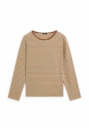 Langarmshirt met bruine en beige horizontale strepen en een ronde hals, platliggend op een witte achtergrond.