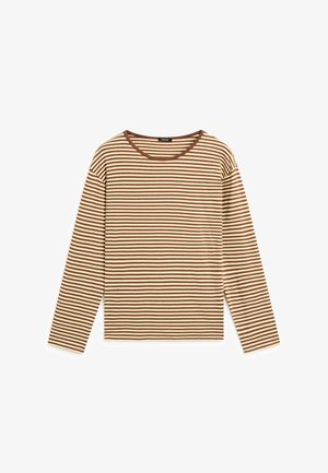 Langärmeliges Hemd mit braunen und beigen horizontalen Streifen und einem runden Ausschnitt, flach auf einem weißen Hintergrund liegend.