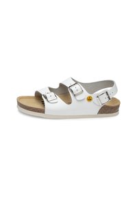 White leather sandals with two adjustable silver buckles, cork footbed, and rubber outsole. Rounded toe and open-back design.