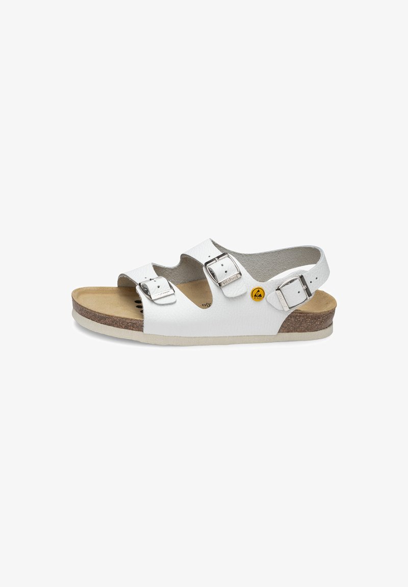 White leather sandals with two adjustable silver buckles, cork footbed, and rubber outsole. Rounded toe and open-back design.