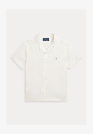 Trumpomis rankovėmis, šviesios kremine lininė palaidinė, turi sagotu priekinę dalį, išpjautą apykaklę ir mažą mėlyną logotipą kairėje krūtinės pusėje.