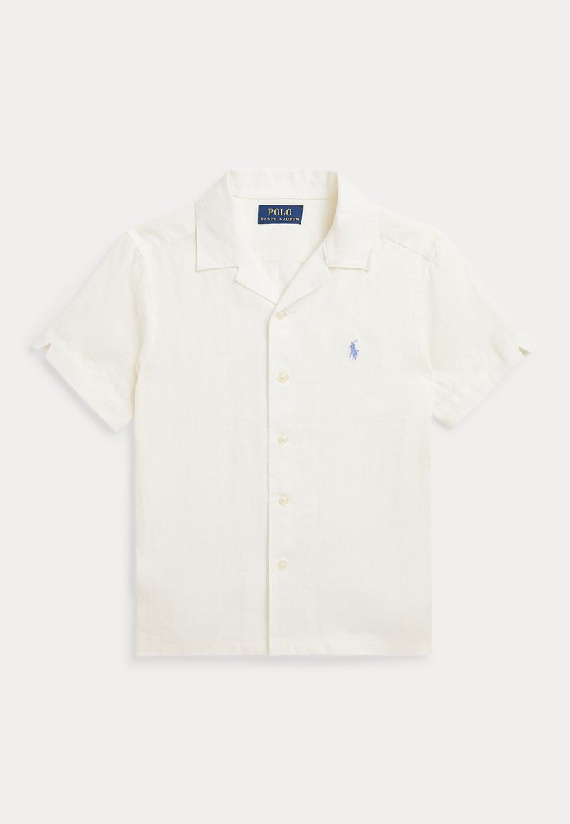Short-sleeve, light cream linen shirt featuring a button front, notch collar, and small blue logo on the left chest.