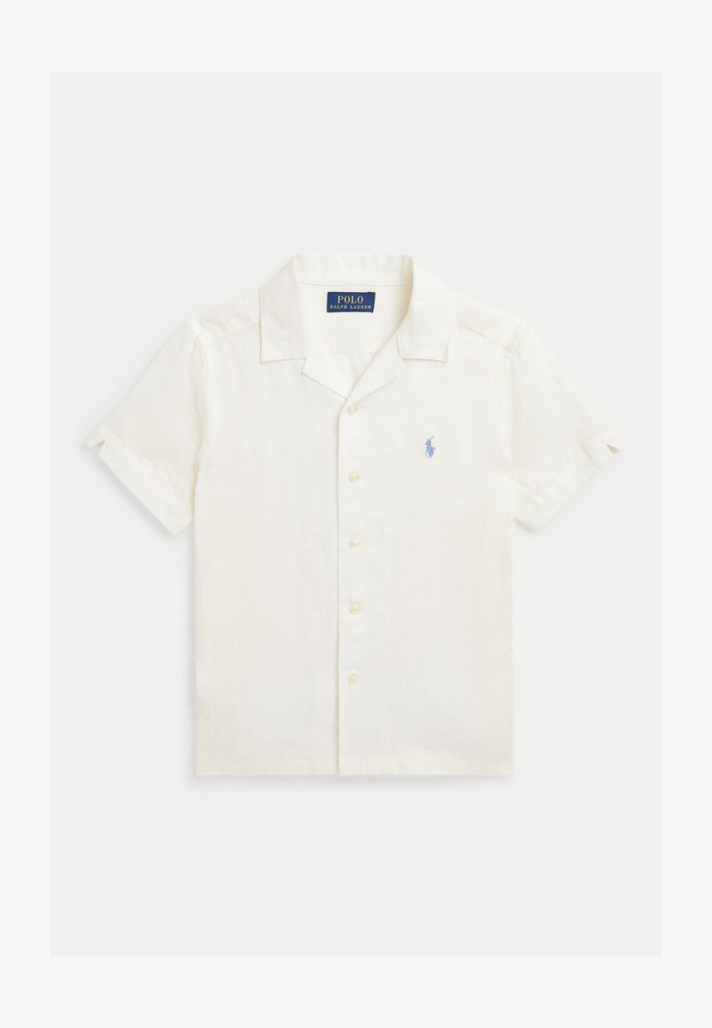 Short-sleeve, light cream linen shirt featuring a button front, notch collar, and small blue logo on the left chest.