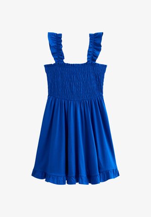 Niebieska sukienka na ramiączkach z marszczonym topem, falbankami na ramiączkach i rozkloszowanym dołem z zebranym wykończeniem. Wykonana z miękkiego, lekkiego materiału.