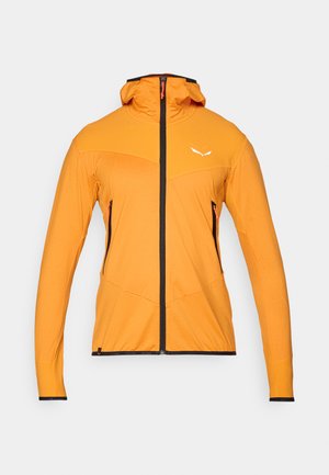 Oranžinė gobtuvu striukė su pilnu priekiu užtrauktuku, kontrastingais juodais akcentais ir užtrauktukais šoninėse kišenėse; medžiaga atrodo lengva ir tekstūruota.