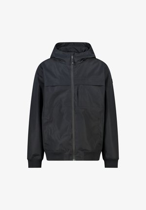 Schwarze Kapuzenjacke mit Frontreißverschluss, zwei Brusttaschen, gerippten Bündchen und glatter Textur. Minimalistisches Design ohne sichtbare Logos.