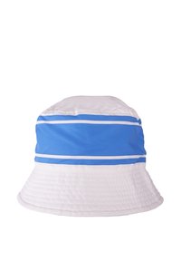 Pruik met een stoffen band in blauw en witte strepen; gestructureerde rand, textuuroppervlak en een ronde kroon.