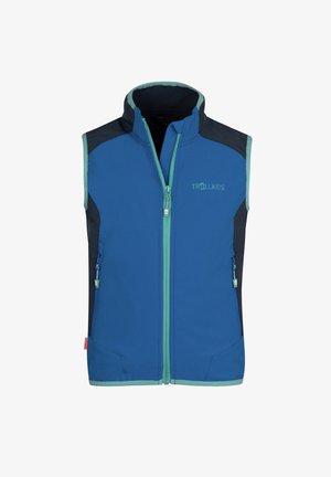 Blue vest with a black back, zippered front, and two zippered pockets. Features teal accents and a logo on the chest. Soft material.