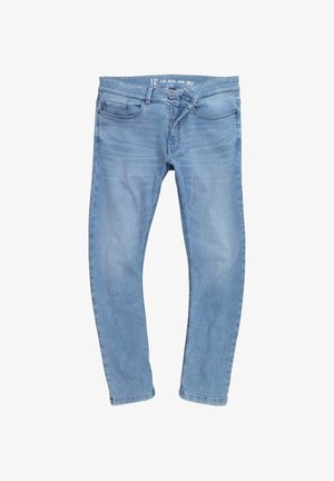 Jean en denim bleu clair avec un design classique à cinq poches, fermeture par bouton, et une légère décoloration. Coupe droite avec une texture lisse.